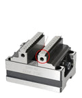 Rock Solid Self Centering Cnc Vise With Zero Play Flat Jaw Grip and Easy Four Turn Table Mount, featuring flat jaws and precision design.