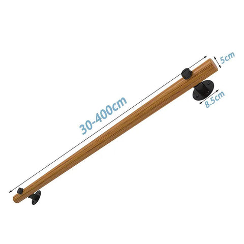 Top Shelf Pine Handrail Kit With A Round Solid Build Measuring 270 Cm, Heavy Duty Deck Railing for patios, stairs and balconies, showing dimensions on wood.