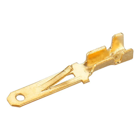 Gold Tone 2.8mm Spade Terminal Connectors, Female And Male Quick Splice Crimp, Non Insulated, 20-18 AWG, single connector close-up