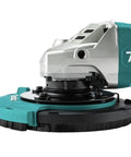 Image of a grinder equipped with a 7 Inch Dust Extraction Surface Grinding Shroud with Soft Brushes, 4-spring suspension, and slidable edge piece.