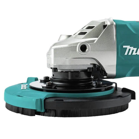 Image of a grinder equipped with a 7 Inch Dust Extraction Surface Grinding Shroud with Soft Brushes, 4-spring suspension, and slidable edge piece.