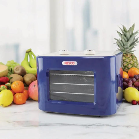Countertop Food Dehydrator With Four Trays For Whipping Up Dried Fruit Veggie Chips And Snack Batches Features Steady Airflow And Basic Switches on kitchen counter with fruits.