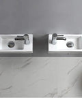 Two wall hung cloakroom basin sinks with right hand tap hole, small rectangle ceramic wash basin, white high gloss finish.