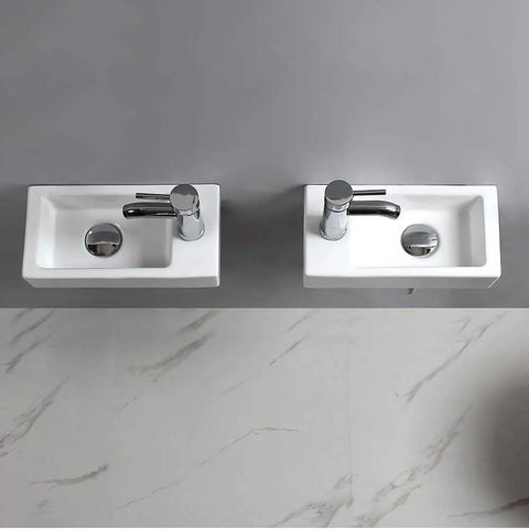 Two wall hung cloakroom basin sinks with right hand tap hole, small rectangle ceramic wash basin, white high gloss finish.