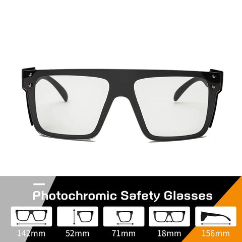 Kickass Ansi Z87 Safety Glasses Featuring Hella Smooth Photochromic Anti Blue Light Lenses With Solid UV400 Protection Lightweight Polycarbonate Frame In Matte Black front view with clear lenses.