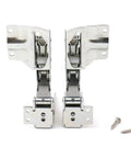 Integrated Fridge Door Hinge Set for Left and Right Doors, Hettich 5.0 41.5 Type, silver finish, hinges and screws displayed