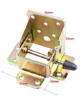 Kickass 90 Degree Folding Self Locking Hinge With Heavy Duty Furniture Foot Bracket Galvanized Metal Iron Dark Bronze Finish for cabinets, showing detailed dimensions.