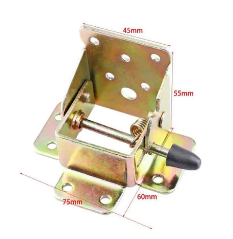 Kickass 90 Degree Folding Self Locking Hinge With Heavy Duty Furniture Foot Bracket Galvanized Metal Iron Dark Bronze Finish for cabinets, showing detailed dimensions.