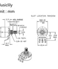 Diagram of 450G Brass Short Split Shaft Potentiometers Set Of 4 With B250K Value Ten Percent Linear Taper for guitars and basses.