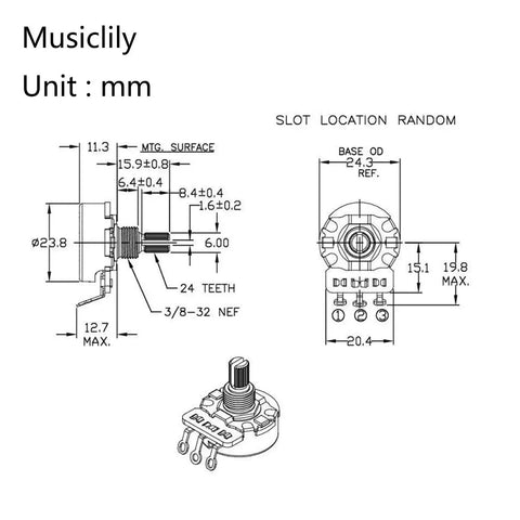 Diagram of 450G Brass Short Split Shaft Potentiometers Set Of 4 With B250K Value Ten Percent Linear Taper for guitars and basses.