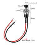 Mini Prewired 7mm Black Momentary Push Button Switches 2 Pin SPST No NC On Off with wiring measurements displayed