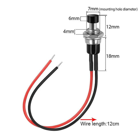 Mini Prewired 7mm Black Momentary Push Button Switches 2 Pin SPST No NC On Off with wiring measurements displayed