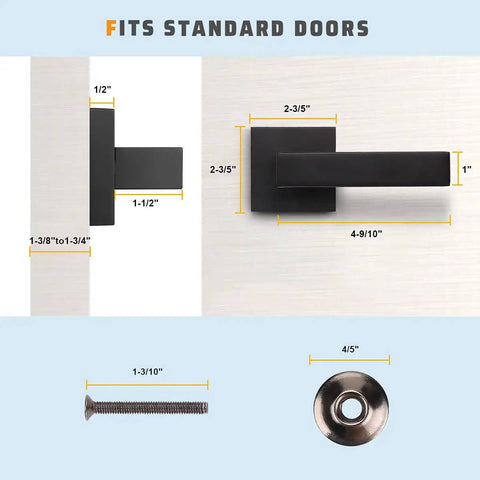 Dimensions of 6 Pack Matte Black Dummy Door Handle Set Heavy Duty Single Sided Door Levers for standard doors, including screw and cover plate sizes.