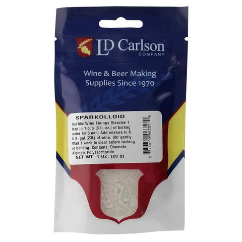 Front view of Sparkolloid Powder 1 Oz Pro Grade Wine Clarifier For Clear Bright Wines In Winemaking And Home Brewing Easy To Use With Simple Instructions Fast Reliable Results Made In USA package.