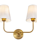 Two Light Wall Sconce With White Fabric Tapered Shades In Dope Antique Brass Finish For Bathroom Vanity Hallway Stairway And Living Room Dimmable LED Compatible With E26 Socket 110V