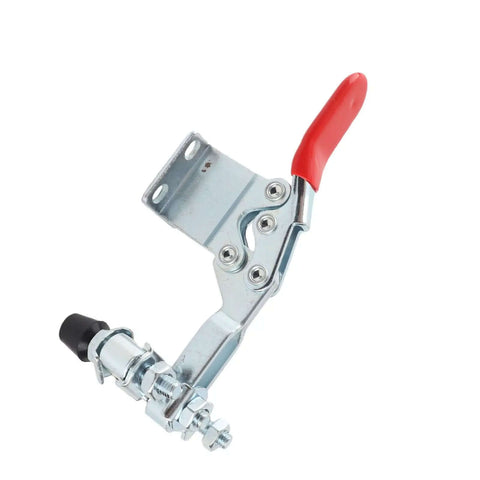 Beefy Heavy Duty Horizontal Toggle Clamp With Dual Head And Quick Release Iron Construction Delivers 500lb Holding Power For Woodworking And Metalworking Projects, showing side view with red handle and zinc-coated finish.