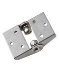 Close-up of stainless steel stop-position torque hinge with adjustable damping axis