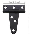 Close-up of a 2-inch black T-shaped iron door hinge with 6 locating screw holes, galvanised finish. Dimensions: 62x49mm. Product focus keyword: 4Pcs 2 Inch Black T Shaped Iron Door Hinges With 6 Locating Screw Holes For Outdoor Use Galvanised Finish Suitable For Barn Gates Shutters Fences Rustproof Durable Easy To Install With Weather Resistant Construction.