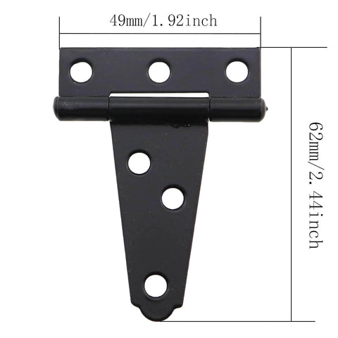 Close-up of a 2-inch black T-shaped iron door hinge with 6 locating screw holes, galvanised finish. Dimensions: 62x49mm. Product focus keyword: 4Pcs 2 Inch Black T Shaped Iron Door Hinges With 6 Locating Screw Holes For Outdoor Use Galvanised Finish Suitable For Barn Gates Shutters Fences Rustproof Durable Easy To Install With Weather Resistant Construction.