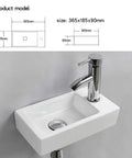 Compact Wall Hung Powder Room Basin For Small Bathrooms, Rectangular Ceramic Wash Basin With Right Hand Drain, Durable 1280C Fired Ceramic