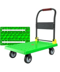 Heavy Duty Folding Flatbed Cart With Precision Rollers, Portable Hand Pulled Dolly For Garage And Job Site Cargo Hauling, No Sweat Transport Wagon And Moving Workhorse with green flatbed and wheels.