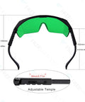 Heavy Duty Grow Room Safety Glasses Blocking UVA And UVB Light For Intense LED Fixtures with adjustable temple and green lens.