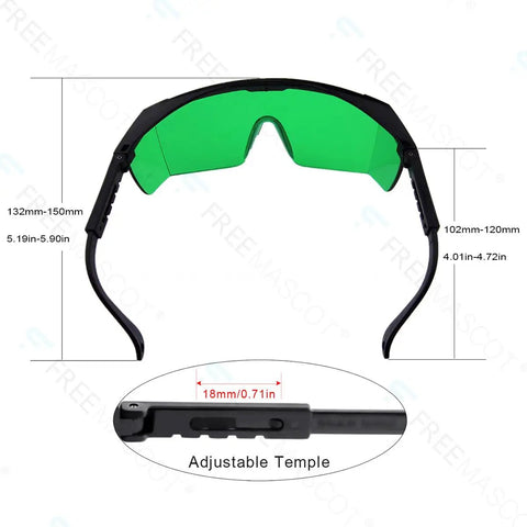 Heavy Duty Grow Room Safety Glasses Blocking UVA And UVB Light For Intense LED Fixtures with adjustable temple and green lens.