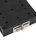 Close-up of Kickass X Axis Linear Stage 80x80 mm with micrometer, aluminum alloy black anodized, sliding table for CNC milling and positioning.