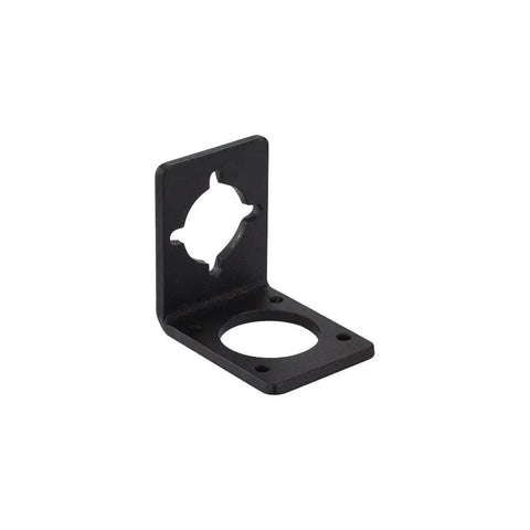 Geared Nema 11 Stepper Motor Mounting Bracket Made From Alloy Steel With Extra Four Mounting Holes ST M3 Beefed Up For Industrial Precision And Easy Mounting In CNC Robotics And Motion Control Projects, black alloy steel L-bracket with four M3 holes