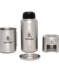 Stainless Steel 32oz Water Bottle and 25oz Cup with Bat Wing Handles Nesting Stove Stand and Grill for Camping and Hiking
