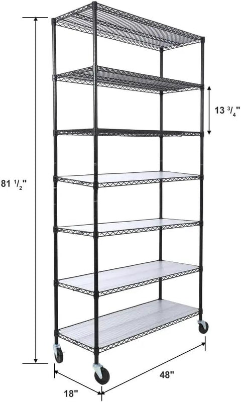 Heavy Duty Seven Tier Wire Shelving Rack Delivering A Ridiculous 2450 Pound Weight Capacity And Rock Solid Metal Construction For Garage Storage Setup dimensions 81.5 x 48 x 18 inches with wheels.