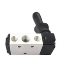Five Way Pneumatic Air Valve With Hand Lever, One Quarter Inch Inlet, Two Position, Five Port, Aluminum Body