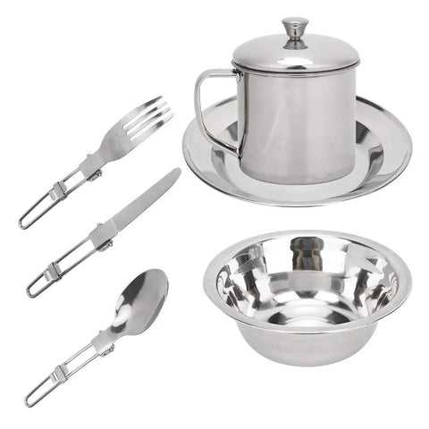 Portable Stainless Steel Outdoor Tableware Set For One, Camping Cookware Kit With Storage Bag, full set view with utensils and dishes