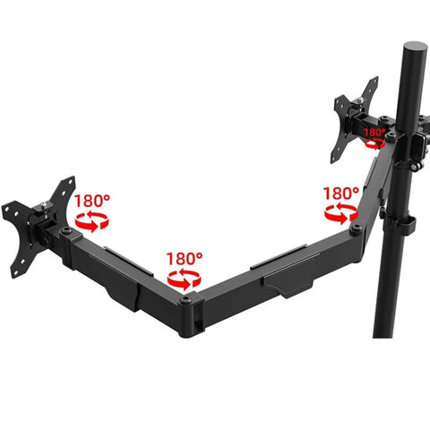 Dual Monitor Arm Mount With Smooth As Butter Articulation Full Extension Swivel Tilt Rotation Height Adjustable Heavy Duty Steel Desk Stand Ergonomic Desktop Setup For 17 To 32 Inch Screens Built Like A Tank showing 180-degree swivel joints.