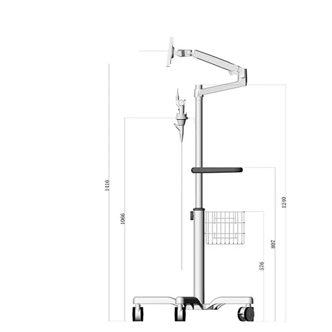 Smooth Rolling Laptop Cart With No Sweat Height Adjustments And Tilting Top, side view with dimensions and quiet rollers.