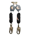 Heavy Duty Six Foot Dual Self Retracting Lifeline With Steel Snap Hook For Construction Fall Protection Harness Tie Off Badass Osha Ansi Certified Built Like A Tank, showing dual snap hooks and compact housing.