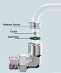 Heavy Duty 304 Stainless Steel 90 Degree Elbow Fittings, 1/4 Inch Tube OD To 1/2 Inch NPT, push-to-connect showing details