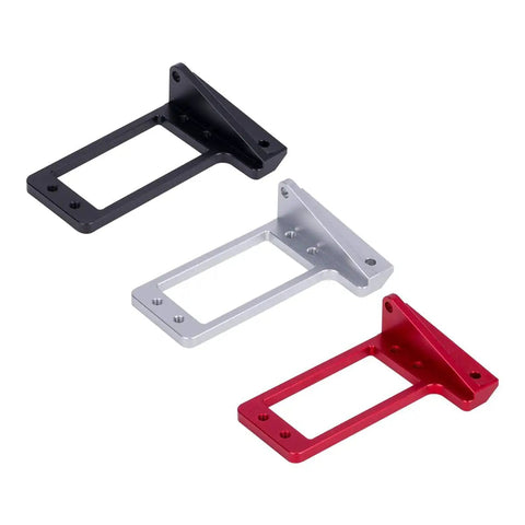 Beefed Up Aluminum Front Axle Servo Mount For 1/10 RC Crawler Cars in silver, black, and red anodized finishes, shown side-by-side