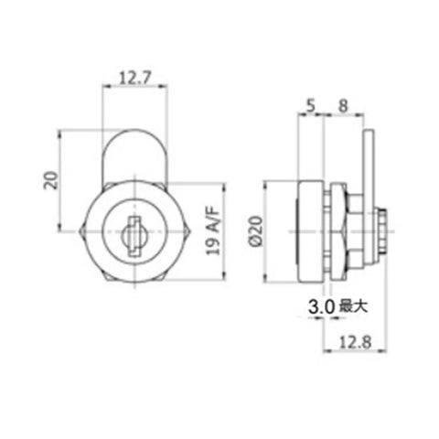 Zinc Alloy Pressure Shaft Cabinet Door Lock Model S R 1887 dimensions sketch with swivel spring design for secure storage.