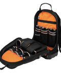Beefy Heavy Duty Tool Backpack Pro with 39 pockets and molded bottom, open view showing orange interior and pocket layout