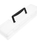 Heavy Duty Tool Box With Slick Divided Compartments And Secure Lid For Kickin Clutter Aside And Boss Organization Of Your Washi Tape And Stash Essentials, clear plastic storage with black handle.