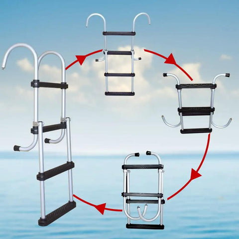 4 Step Aluminum Boat Ladder With Removable Folding Design, Beefy Heavy Duty Marine Stepladder, Durable Aluminum Build Handles Up To 500 Lbs, Easy Storage For Boats, Yachts, Pontoon, Ships, And Fresh Or Salt Water Use, foldable view