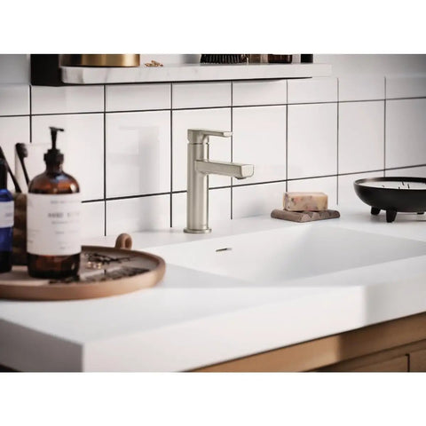 High Arc Kitchen Faucet In Brushed Nickel Finish, RINZA Series Hi Arc Design, Model 84627SRN installed on modern white countertop