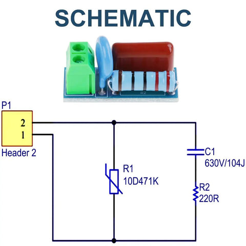 Schematic and components of Five Pack Relay Snubber Module For AC Or DC 5 To 400 Volt Inductive Load Contact Protection