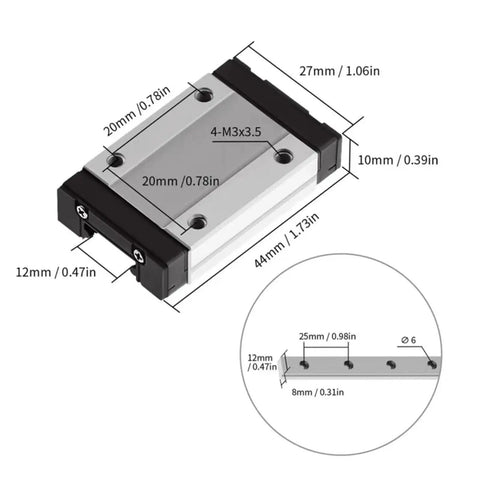 MGN12 Linear Guide Rail Kit For 3D Printers Pro Grade Aluminum Rail With Black Carriage Lengths From 100mm To 700mm dimensions diagram