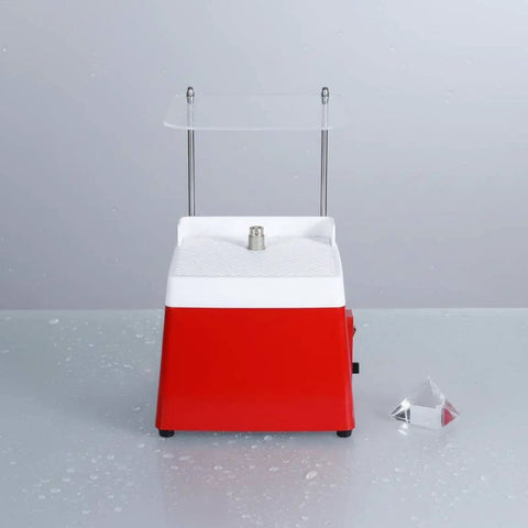 Diamond Glass Grinding Machine With Auto Cooling And Baffle, red bench grinder for precise trimming and polishing, with water feature.