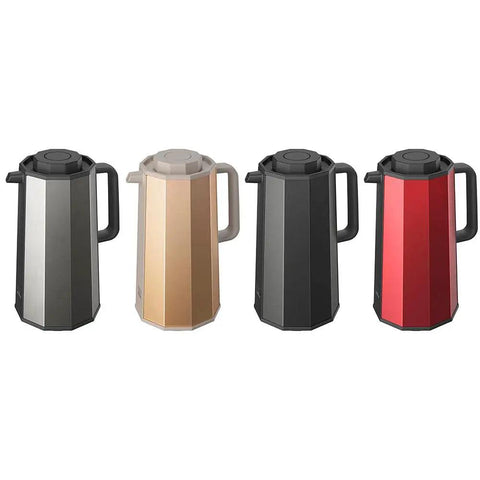 Four glass vacuum carafes with thermal insulation, 1-liter capacity, various colors, decagonal design, shown in a row.