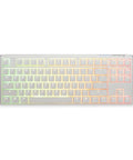 Classic Tenkeyless Mechanical Keyboard In Crisp Pure White Featuring Hot Swappable Switches With Custom Rgb Lighting, top view with RGB lighting effects.