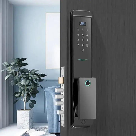 Full Automatic Smart Fingerprint Door Lock With App Remote Unlock Digital Password Zinc Alloy Build Integrated Chime mounted on a door.