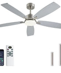 FUMLTP 52 inch Modern Ceiling Fans with Lights APP/Remote Control, Nickel with remote and pull rods displayed.